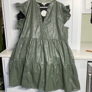 Chic Olive Green Faux Leather Entro Dress with Ruffled Arms and Layers.
